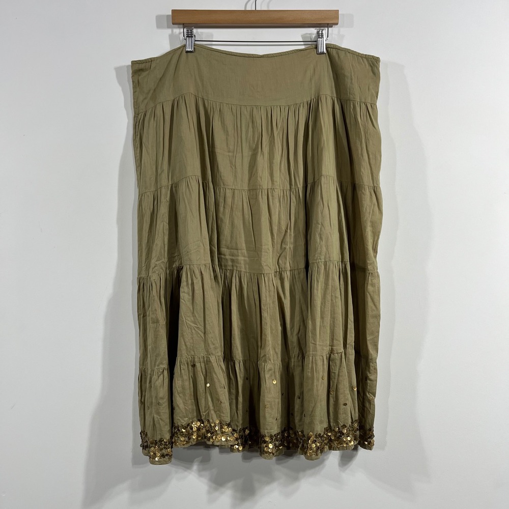 Coldwater Creek Renfair Boho Olive Green Cotton Tiered Maxi Skirt Sequin Size L